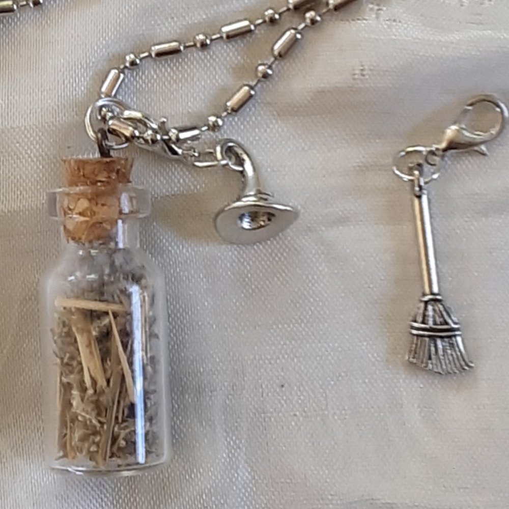 COPY- Wormwood Glass Bottle Necklace 3D Witch Hat Broom Zipper Pulls Handmade - Picture 4 of 7